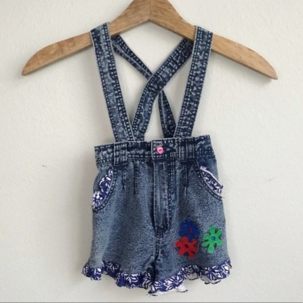Vintage Girls Denim Overalls Cute & Sweet 80s Blue Flowers H13